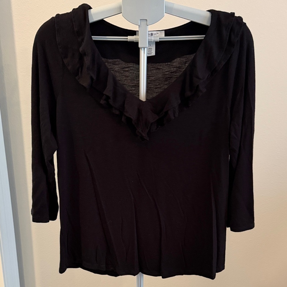 White House Black Market Black Ruffled Long Sleeve Top